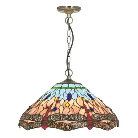 Dragonfly Pendant Light with Tiffany Glass - Antique Brass image