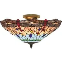 Dragonfly Semi Flush Ceiling Light with Tiffany Glass - Antique Brass