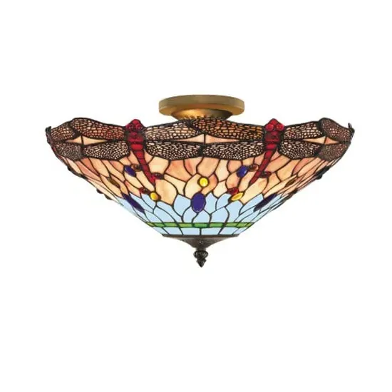 Dragonfly Semi Flush Ceiling Light with Tiffany Glass - Antique Brass