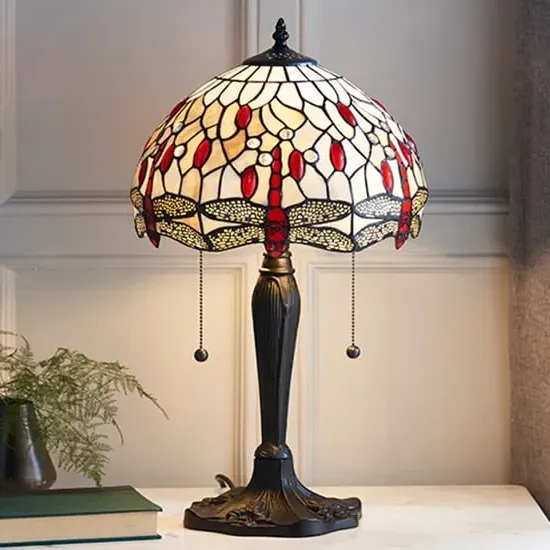 Dragonfly Small Tiffany Glass Table Lamp - Beige, Dark Bronze