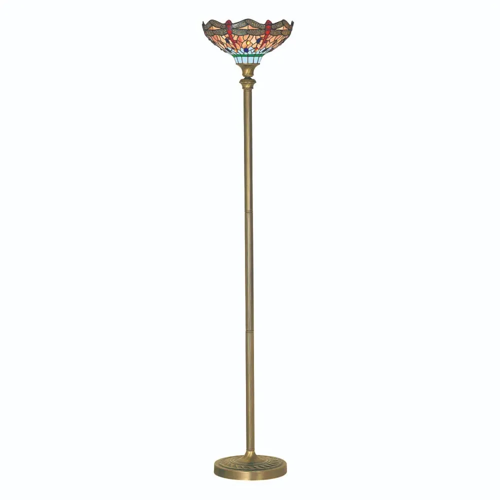 Dragonfly Stained Glass Floor Lamp - Antique Brass