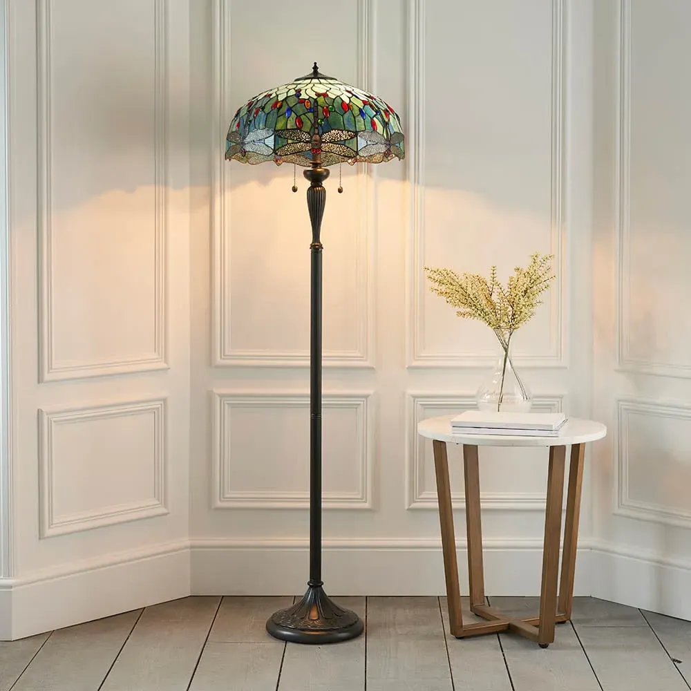 Dragonfly Tiffany Glass Floor Lamp - Blue, Satin Black