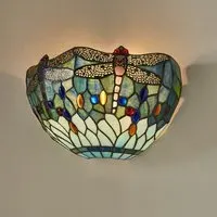 Dragonfly Tiffany Glass Wall Light - Blue, Matt Black
