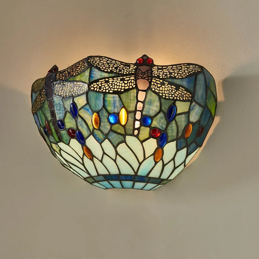 Dragonfly Tiffany Glass Wall Light - Blue, Matt Black image