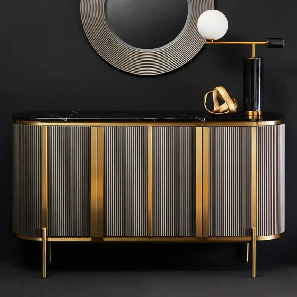 Draper Large Storage Cabinet - Gold, Black Marble Effect