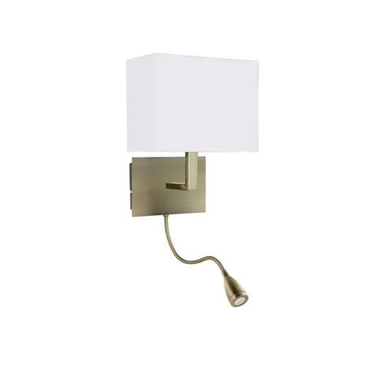 Dual Arm Wall Lamp with LED Flexi Arm - Antique Brass, Fabric