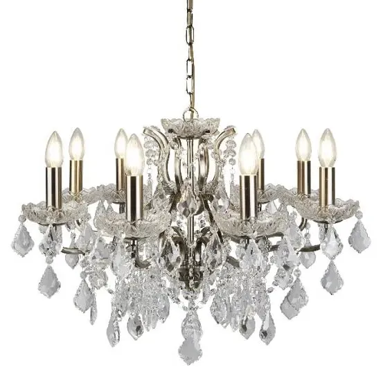 Eight Light Chandelier with Crystal Drops - Antique Brass