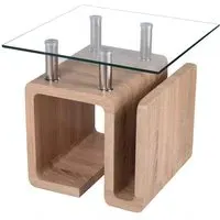 Eirian Square Lamp Table - Clear Glass, Natural Wood