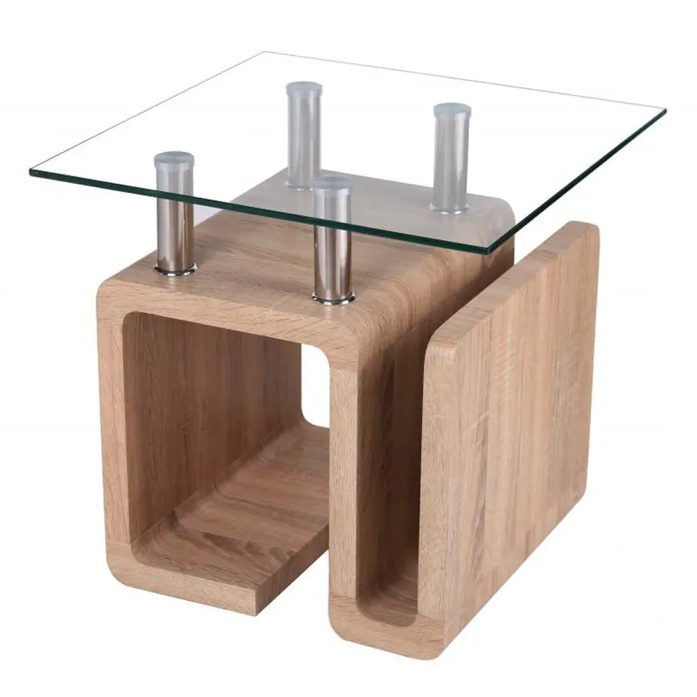 Eirian Square Lamp Table - Clear Glass, Natural Wood