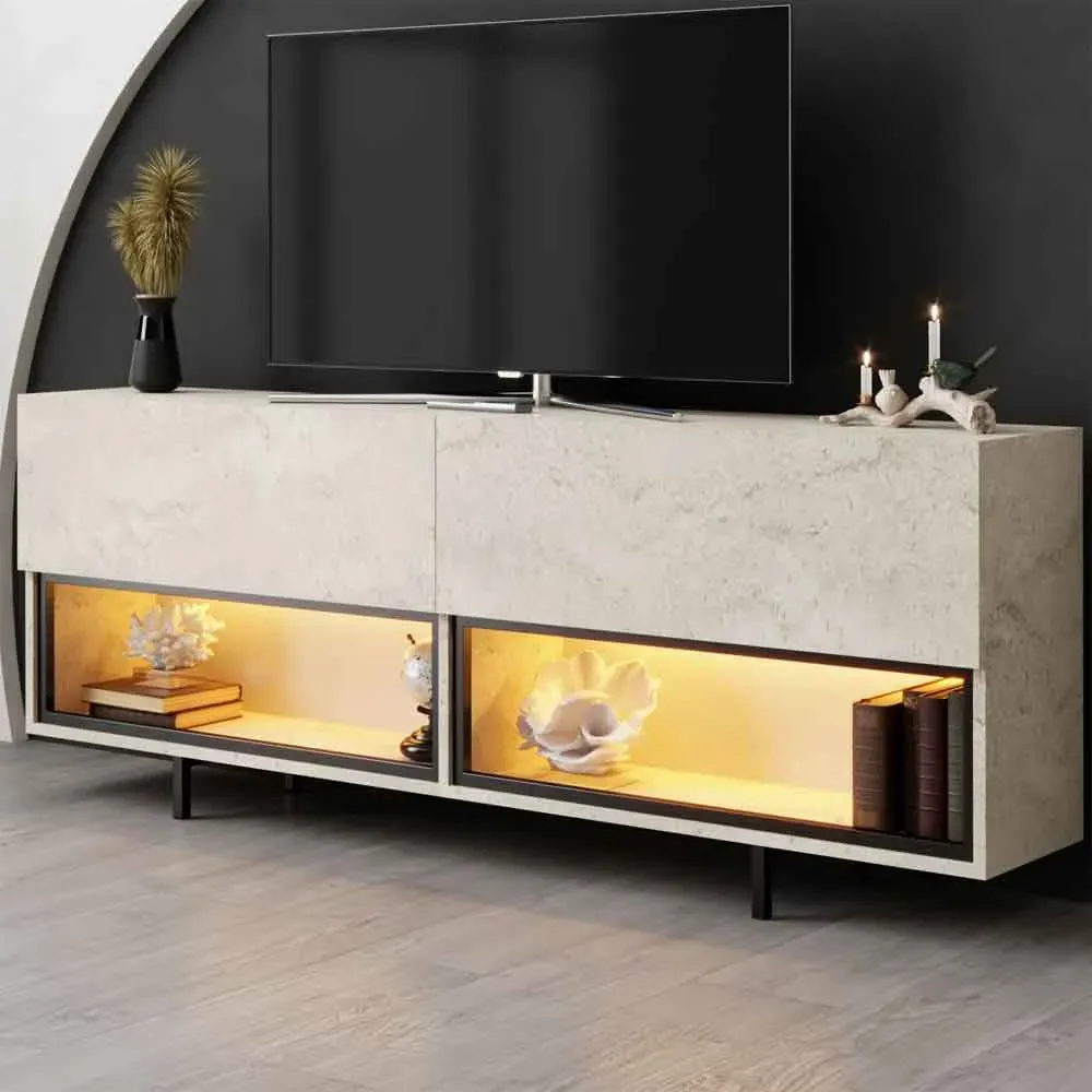 Ekol Down TV Stand with 2 Doors & LED - Travertine Marble Effect product