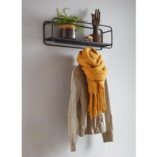 Elwoka Wall Shelf with Coat Rack - Black, Metal
