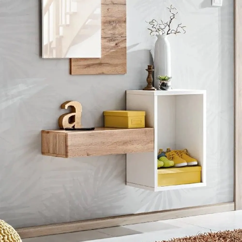 Elyria Large Wall Shelf with Drawer - White, Wotan Oak