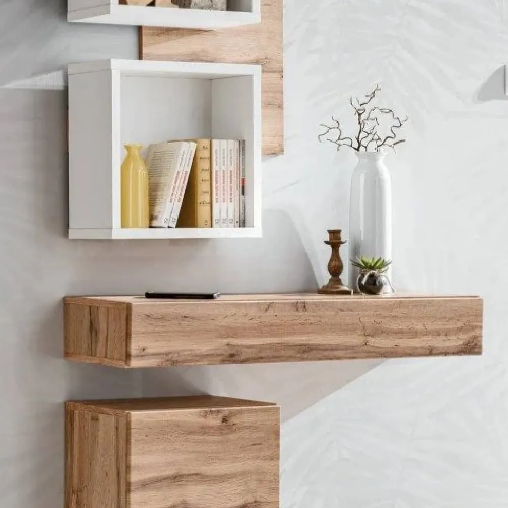 Elyria Rectangular Wall Shelf with Drawer - Wotan Oak