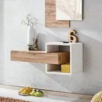 Elyria Small Wall Shelf with Drawer - White, Wotan Oak