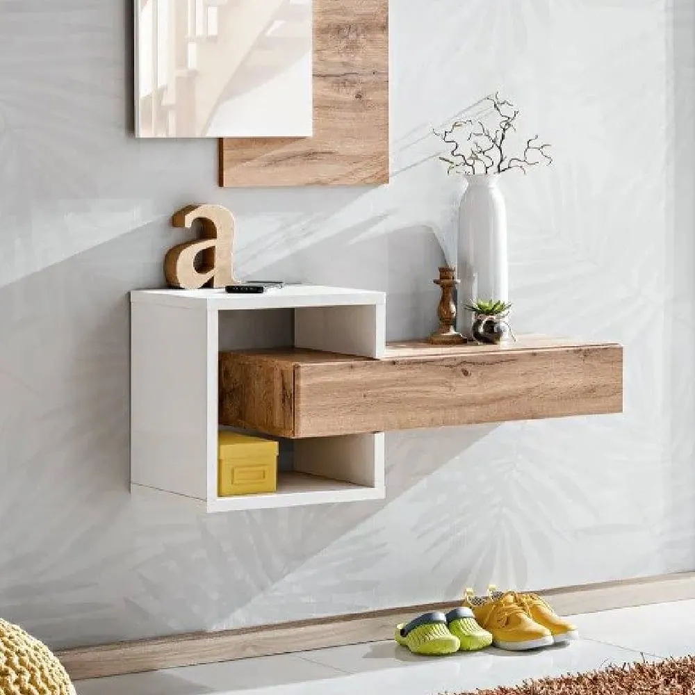 Elyria Small Wall Shelf with Drawer - White, Wotan Oak