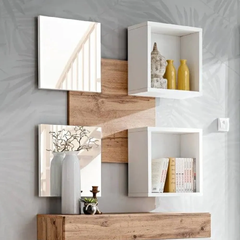 Elyria Wall Shelf with 2 Mirrors - White, Wotan Oak