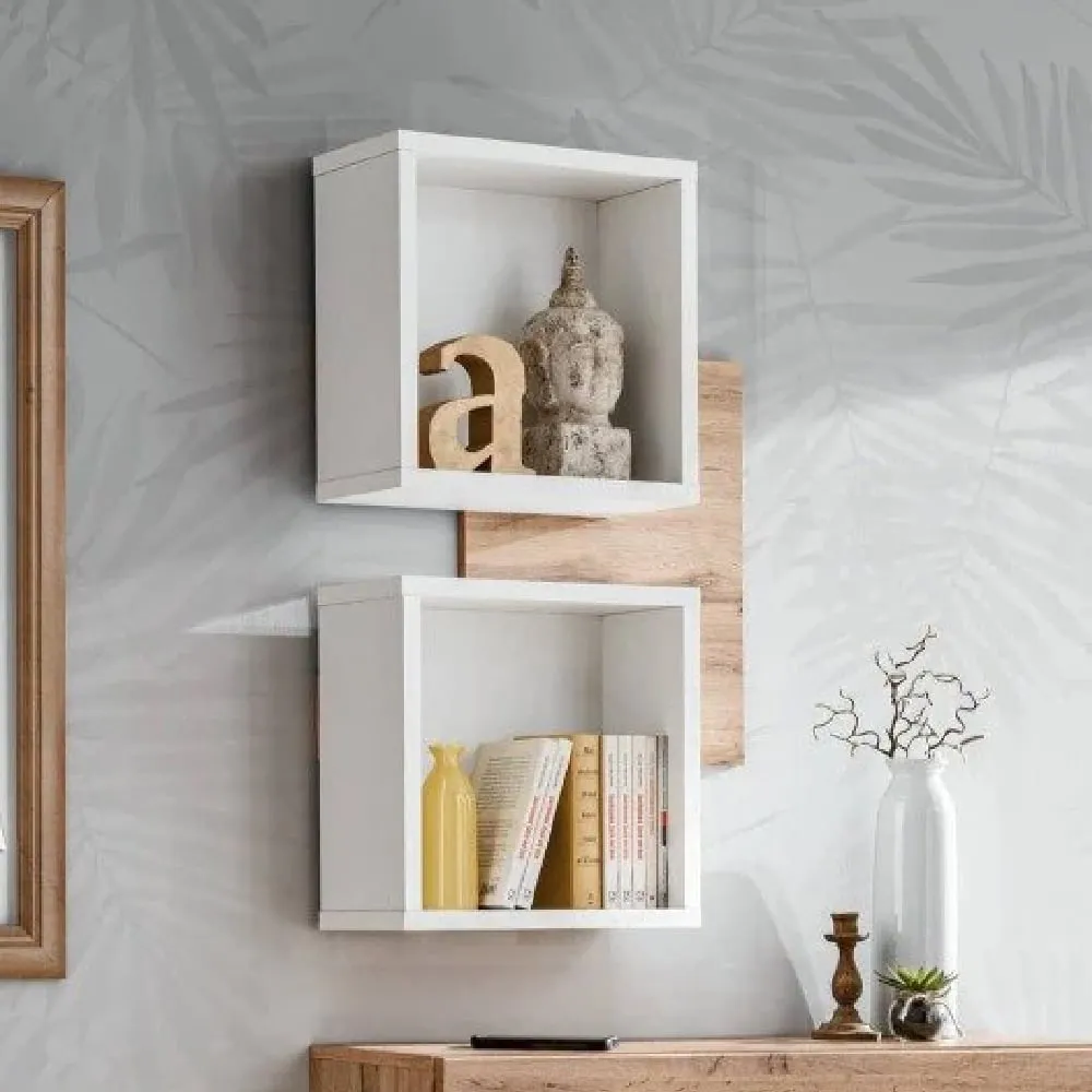 Elyria Wall Shelf with 2 Shelves - White, Wotan Oak