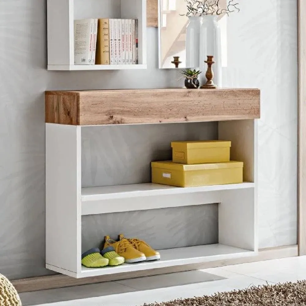 Elyria Wall Shelf with Drawer - White, Wotan Oak