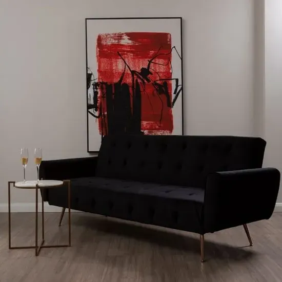 Emiw Upholstered Sofa Bed with Gold Legs - Black, Velvet image
