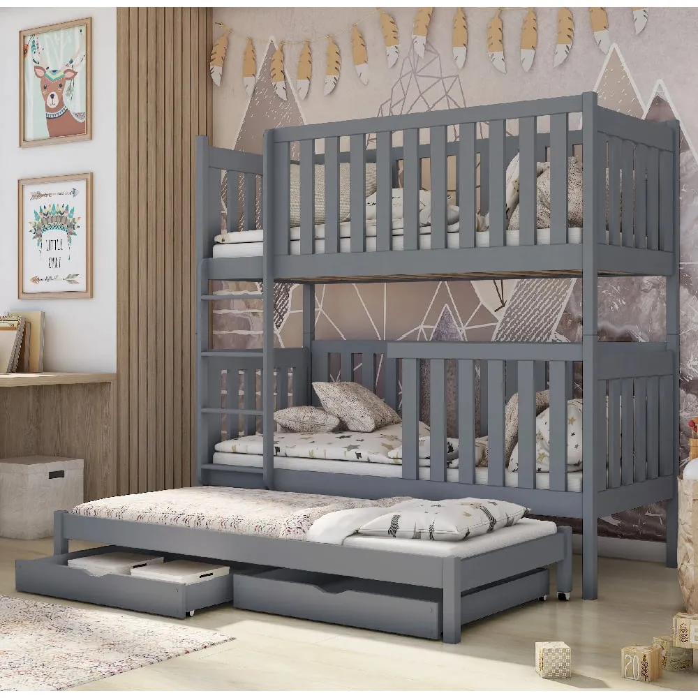 Enid Bunk Bed with Trundle and Storage - Grey, Wood