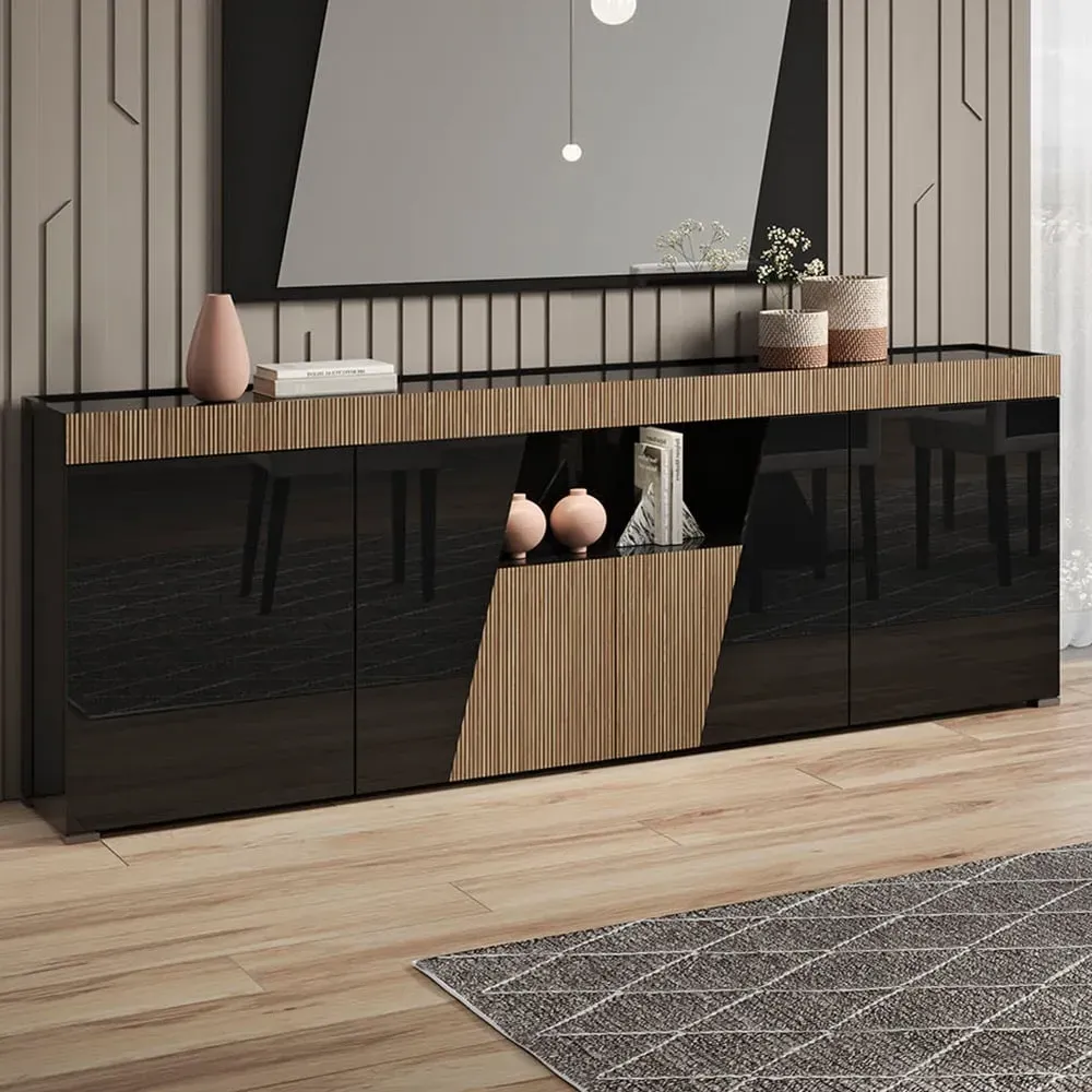 Enna Sideboard with 4 Doors and LED - Black, High Gloss