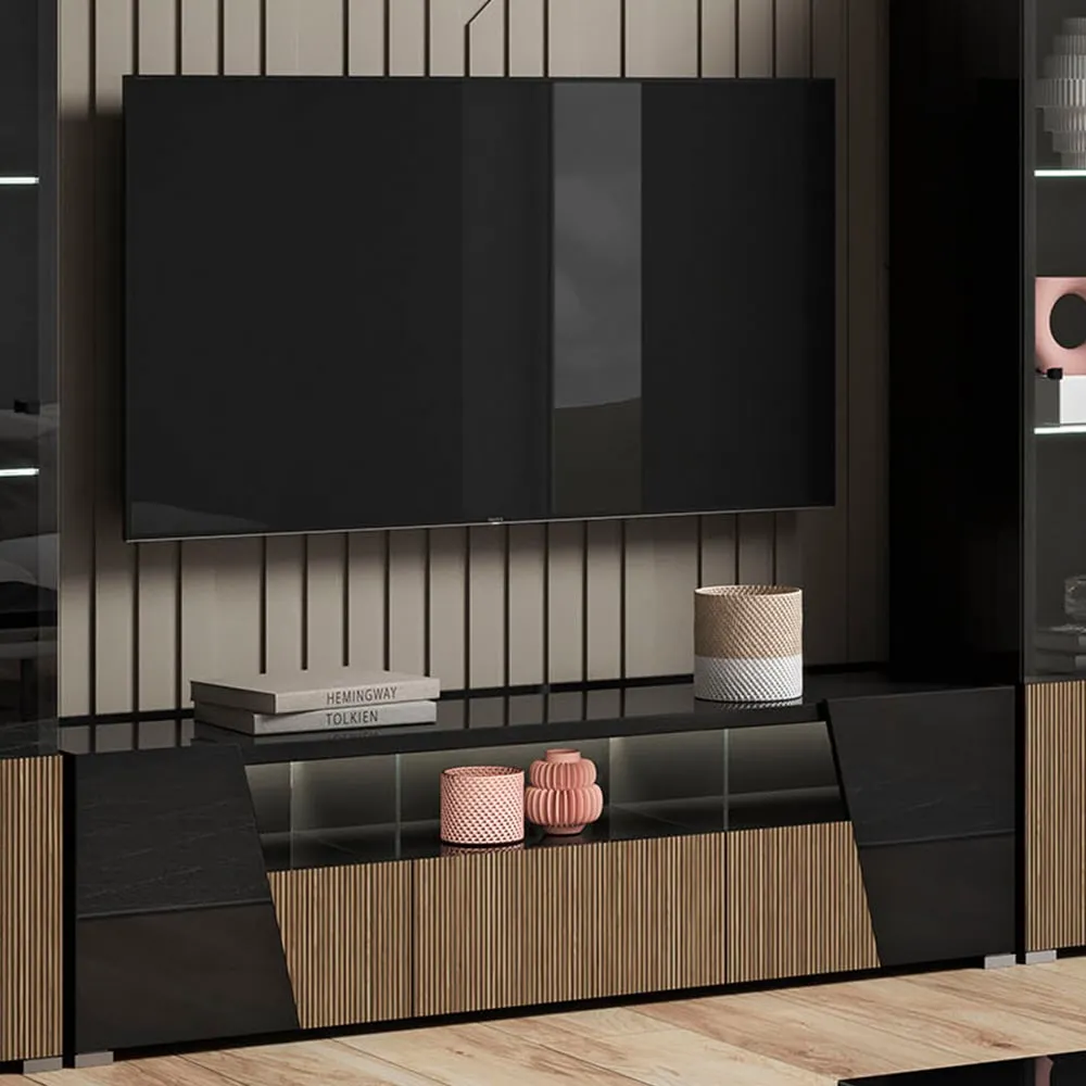 Enna TV Stand with 3 Doors and LED - Black, High Gloss