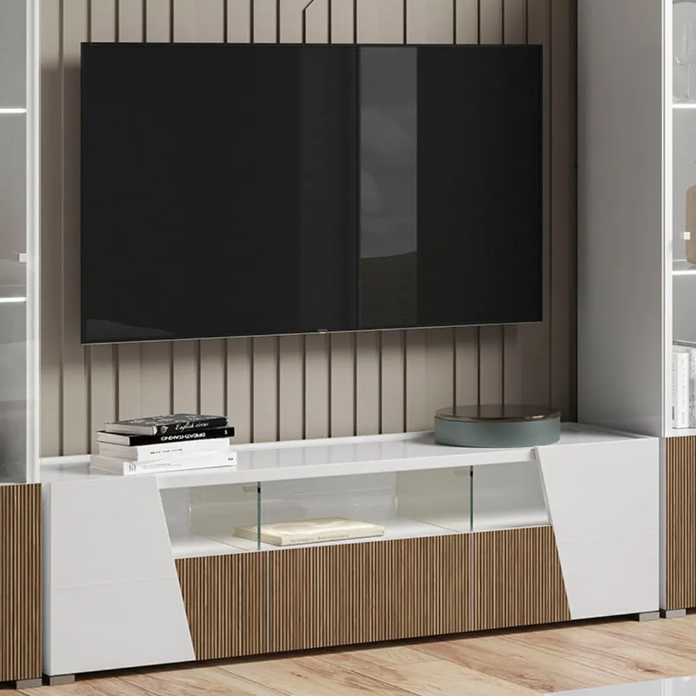 Enna TV Stand with 3 Doors and LED - White, High Gloss