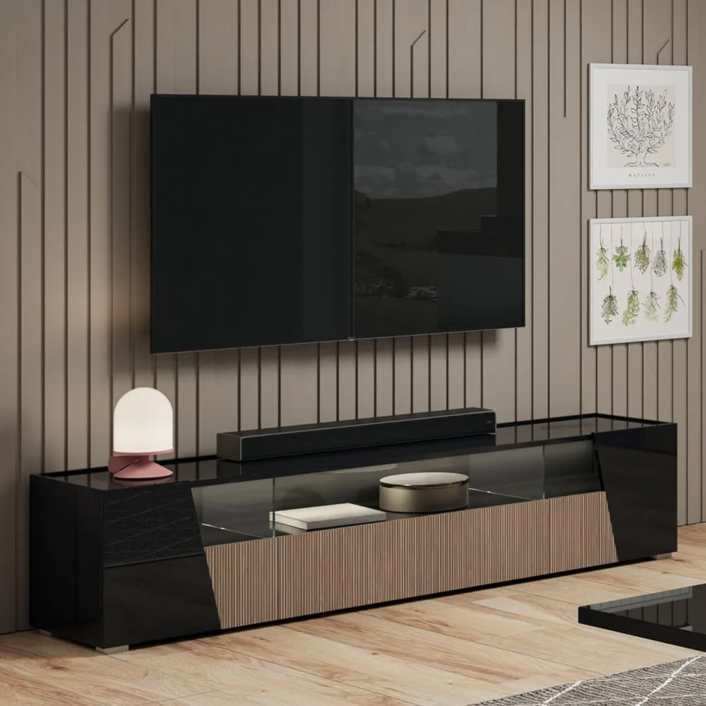 Enna TV Stand with 4 Doors and LED - Black, High Gloss