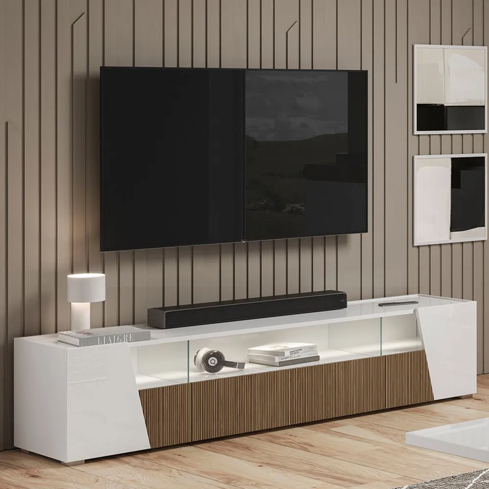 Enna TV Stand with 4 Doors and LED - White, High Gloss