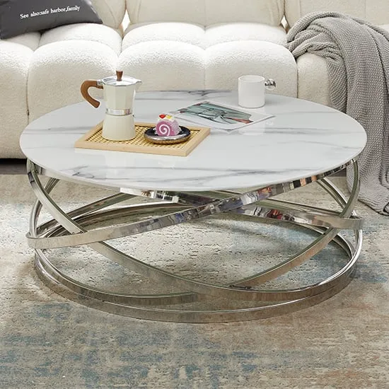 Enrico Round Coffee Table - Marble Effect, Tempered Glass