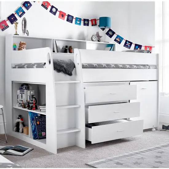 Essen Single Mid Sleeper Bed with Desk and Storage - White, Rubberwood product
