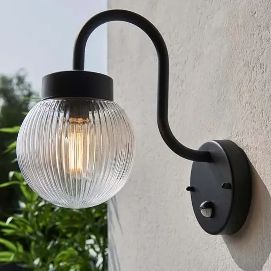 Estepona Ribbed Glass Wall Light with PIR - Black image
