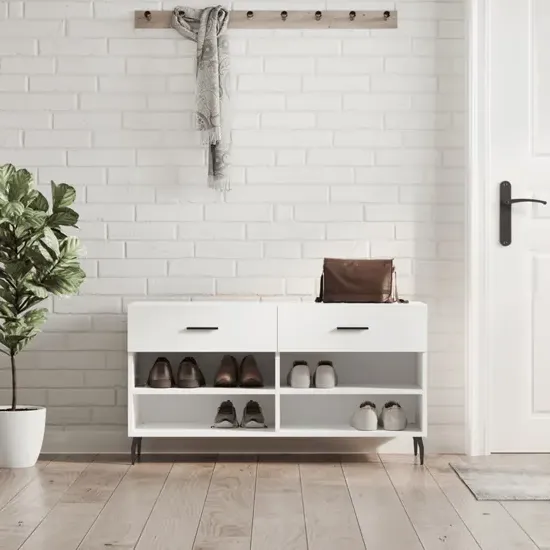 Eureka High Gloss Shoe Storage Bench with 2 Drawers - White image