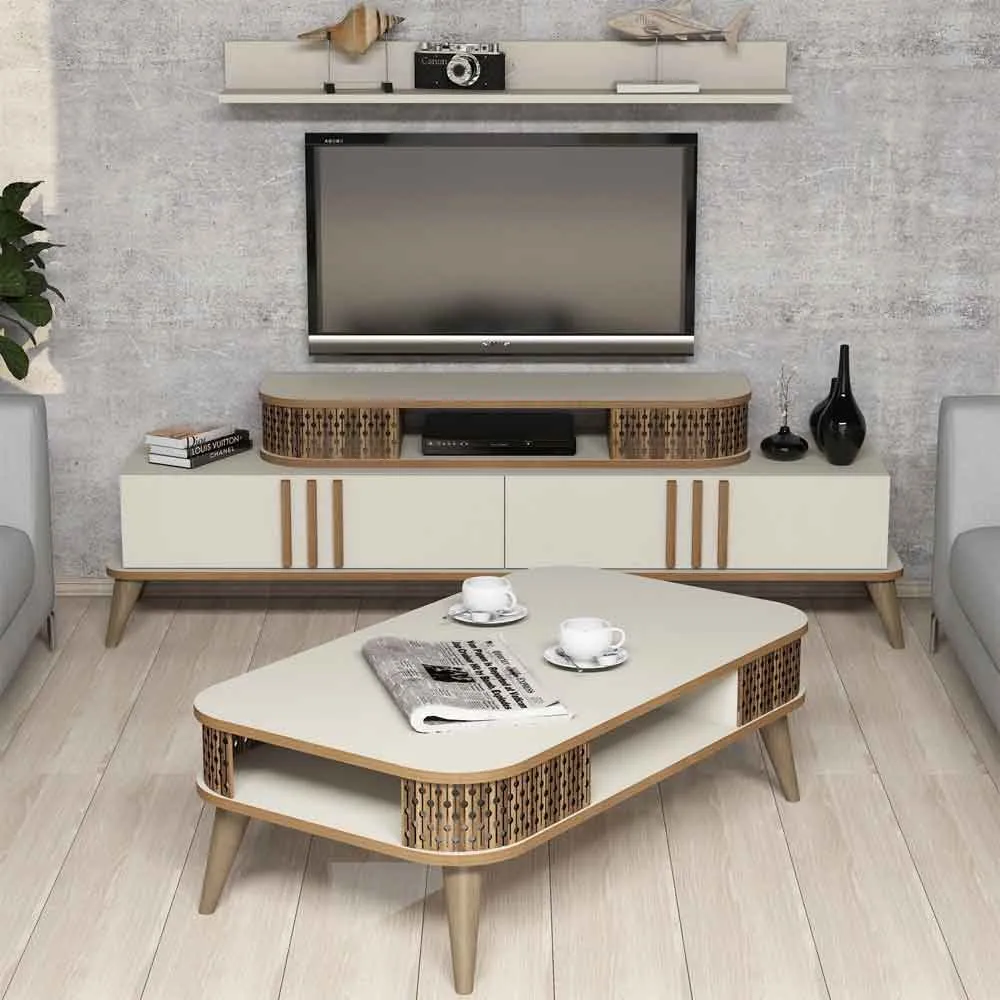 Eylul Entertainment Unit and Coffee Table Set - Cream, Oak product