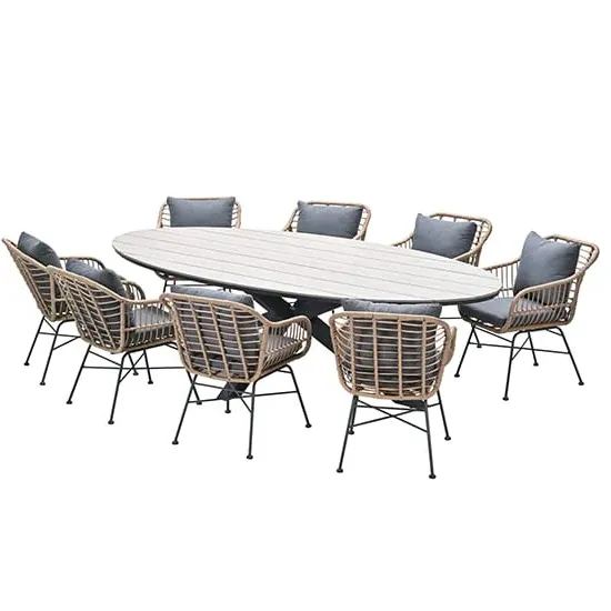 Ezra Large Oval Dining Table Set with 8 Chairs - Grey, Teak