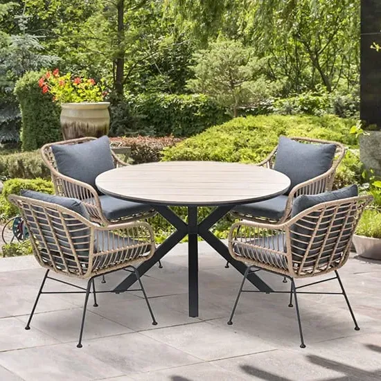 Ezra Round Dining Table Set with 4 Chairs - Grey, Teak image