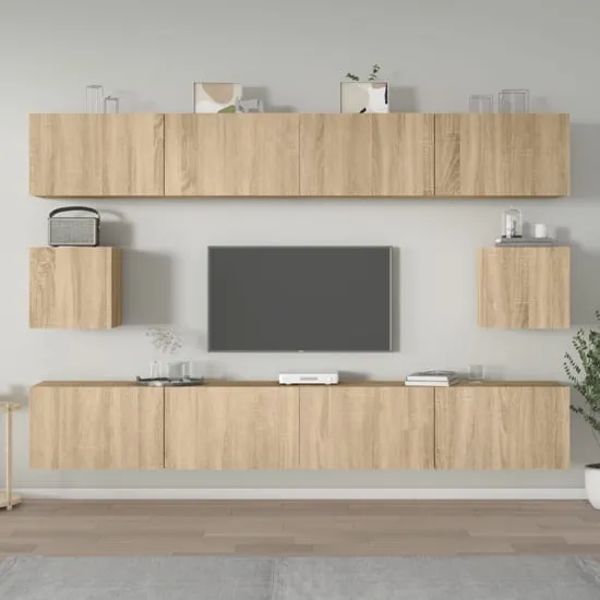 Eztli Wall-Mounted TV Cabinet Set - Oak, Engineered Wood