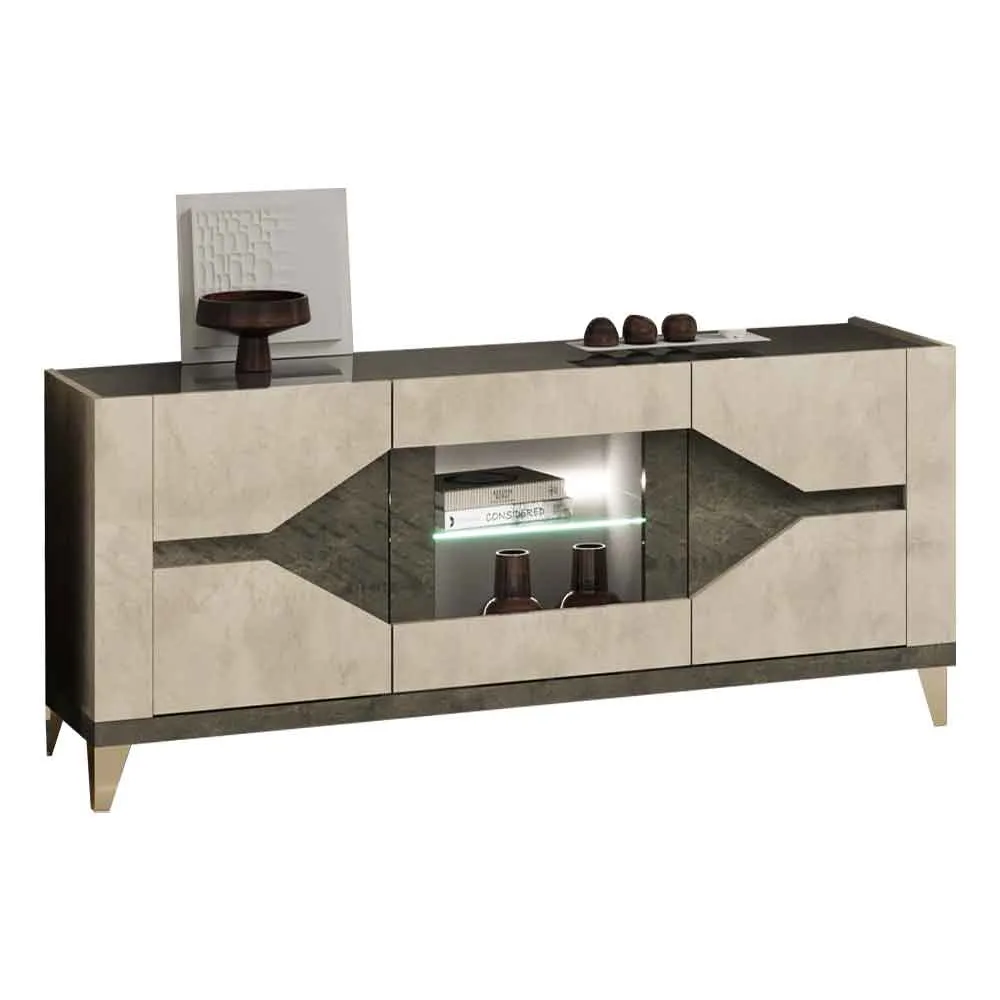 Fabio 3-Door Sideboard with LED - Warm Grey Marble Effect, High Gloss product