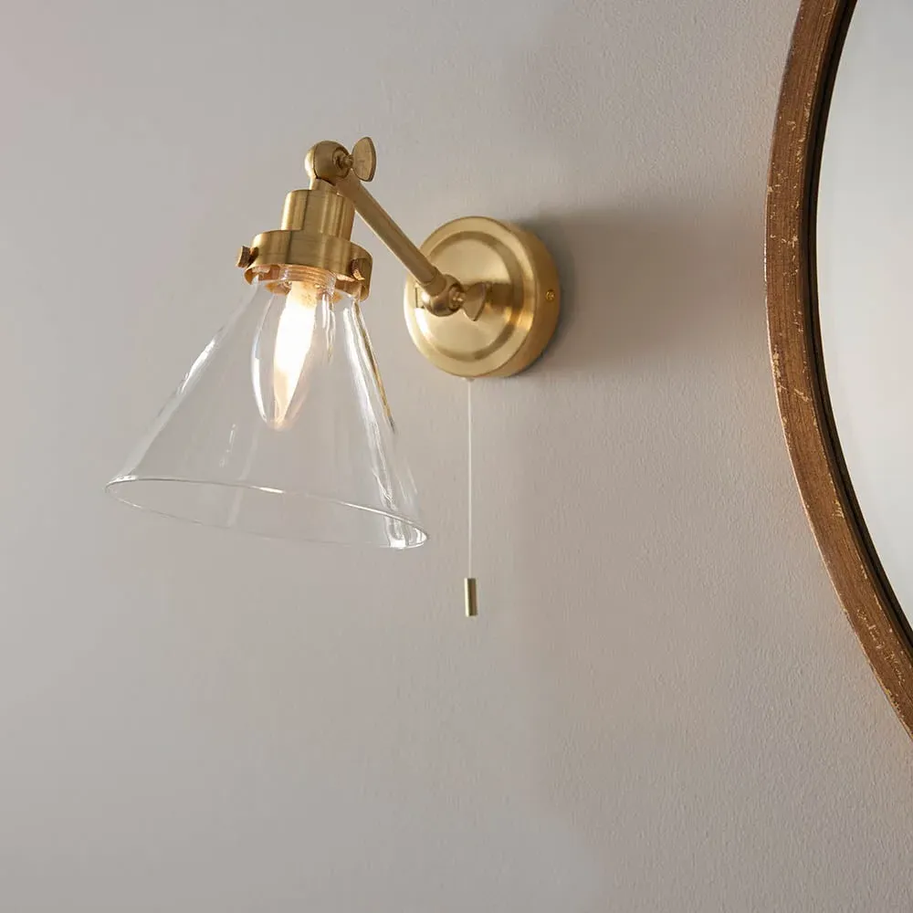 Faraday Bathroom Wall Light with Adjustable Head - Satin Brass, Glass