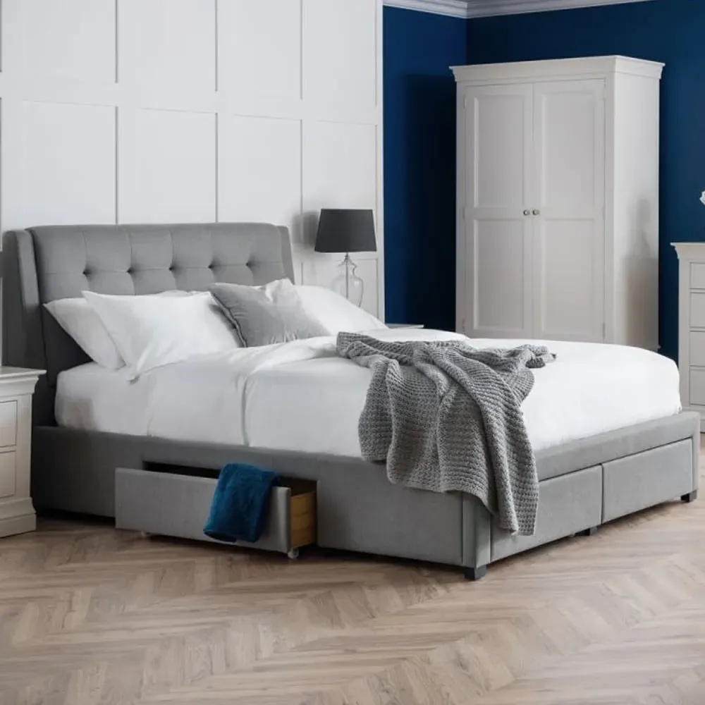 Fauna Fabric Double Bed with 4 Drawers - Grey, Linen image