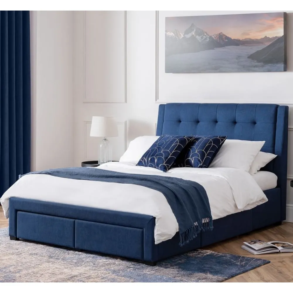 Fauna Fabric Super King Size Bed with Storage - Blue, Linen