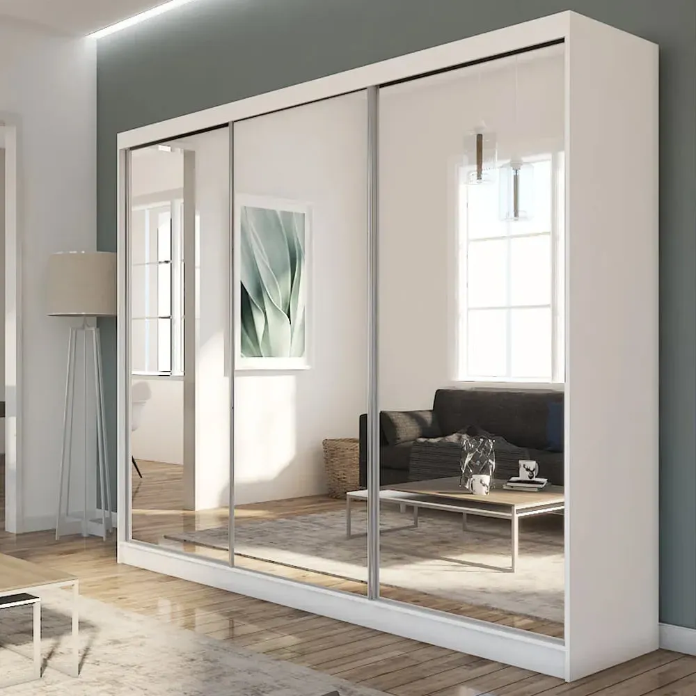 Felton Large 3-Door Mirrored Wardrobe with Sliding Doors - White