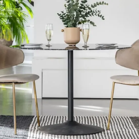 Field Round Dining Table - Black Marble Effect, Glass