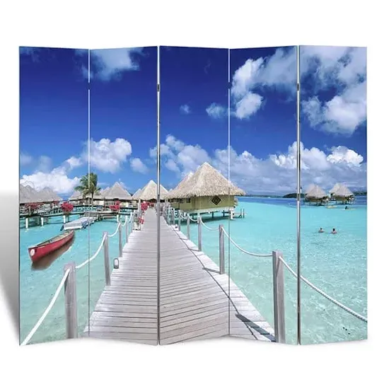 Fifer Folding Room Divider - Beach Print, Fir Wood