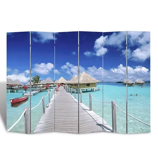 Fifer Folding Room Divider - Beach Print, Fir Wood