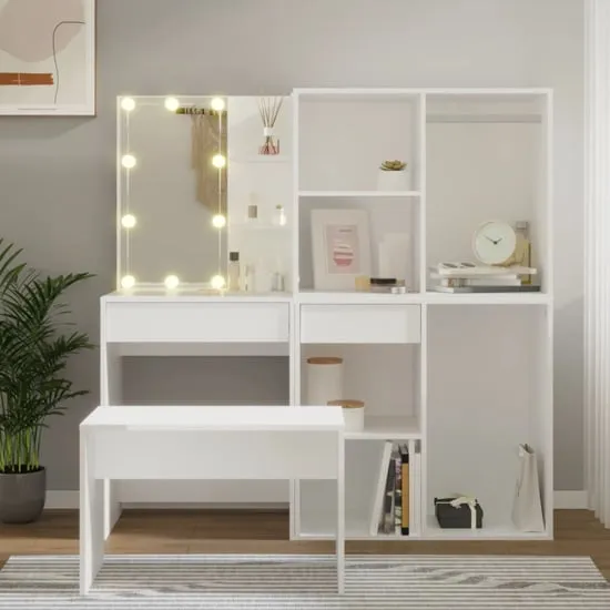 Fiora Dressing Table Set with LED Lights - White, Engineered Wood