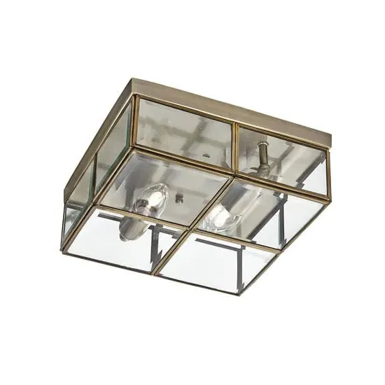 Flush Box Ceiling Light with Bevelled Glass - Antique Brass
