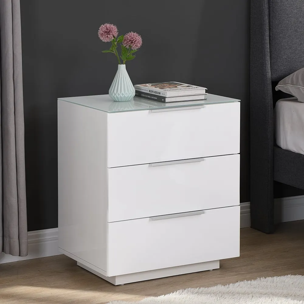 Fresh Tall Bedside Cabinet with 3 Drawers - White, Glass