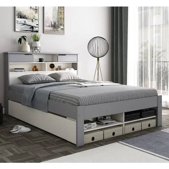 Frisco King Size Bed with Shelves - Grey, Pine