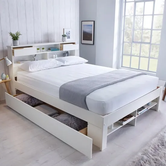 Frisco King Size Bed with Shelves - White, Pine